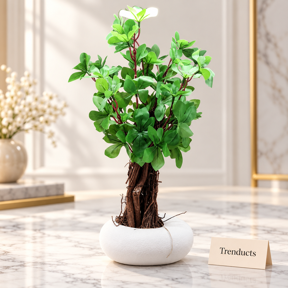 Artificial Green Leaf Plant in White Pebble Pot - Decor Piece