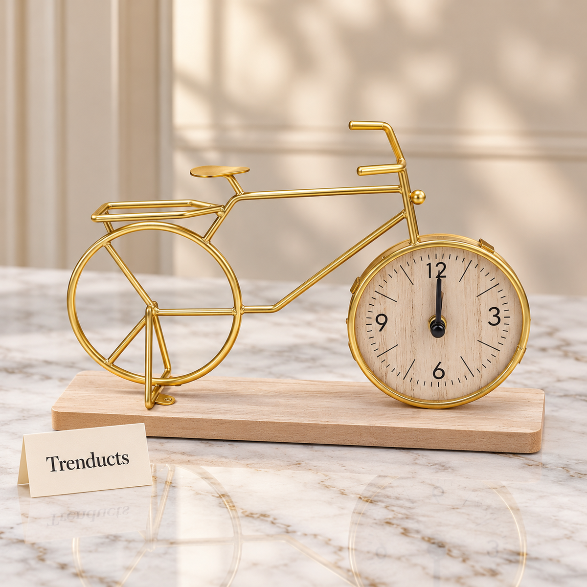 Metal Cycle Clock - Gold Bicycle Table Clock, Wood Base
