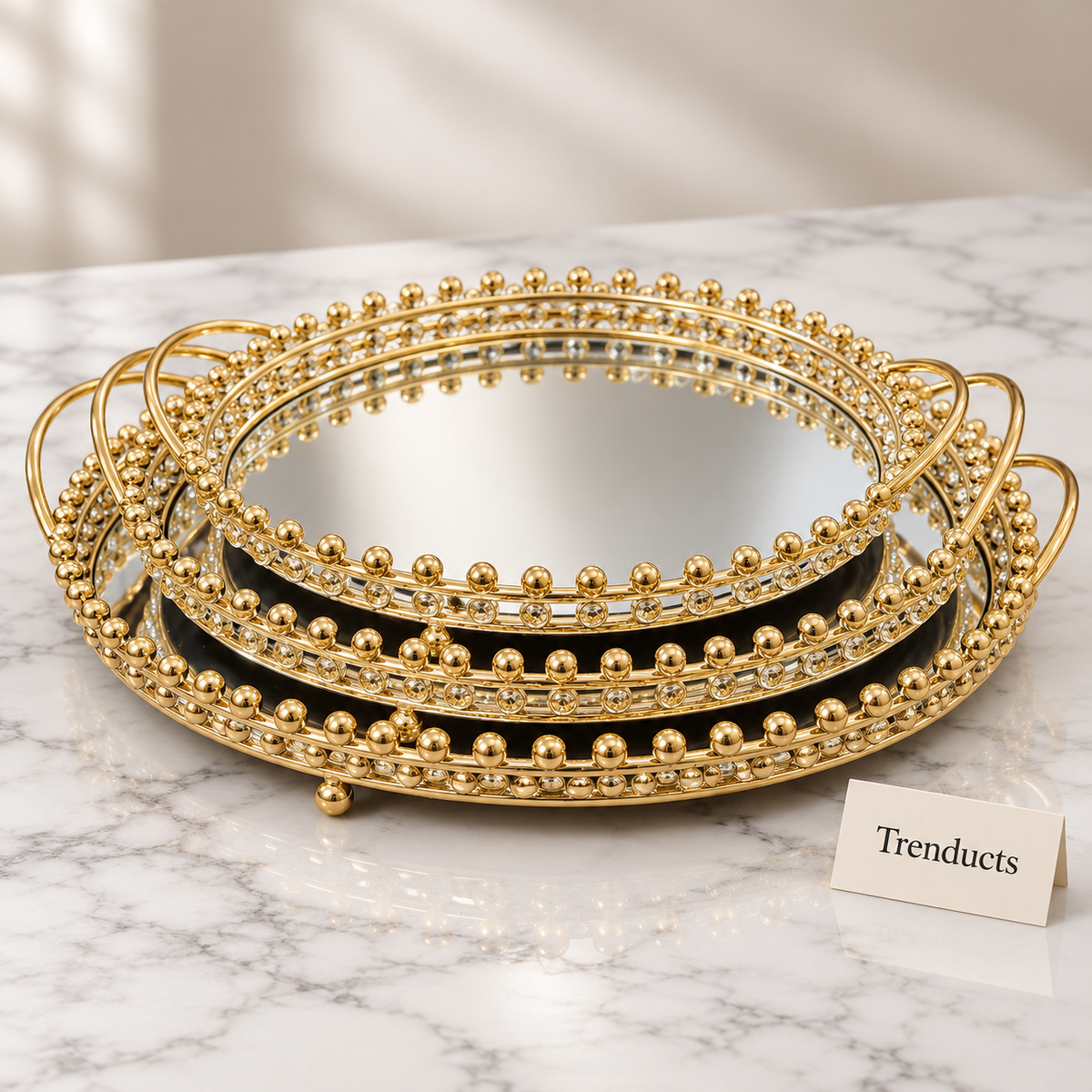 Gold Oval Mirrored Decorative Tray Set - Beaded Rim Handles