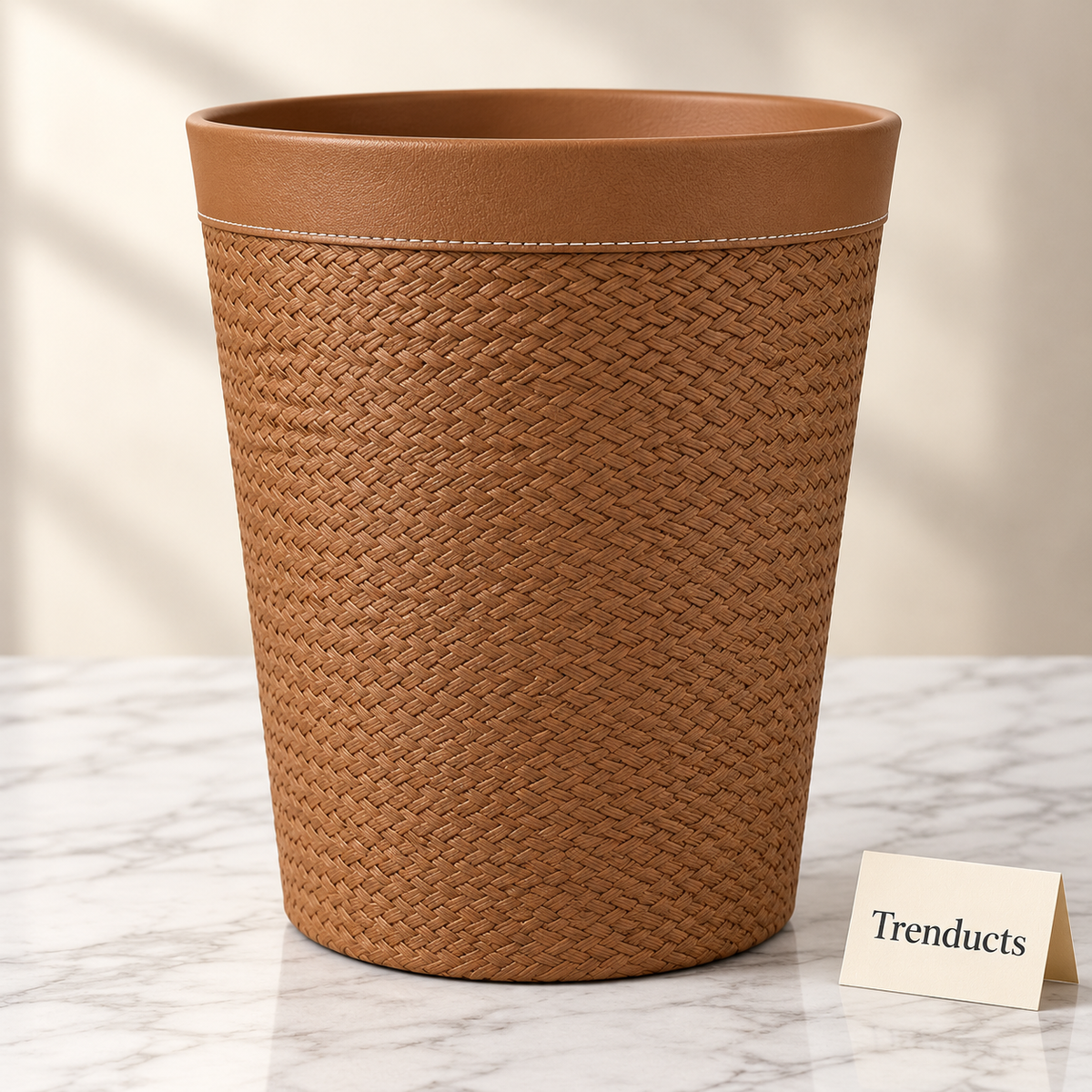 Premium Tan Braided Texture Dustbin - Round Open Top Bin