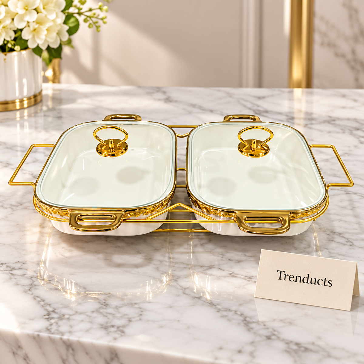 Brilliant Twin Rectangular Casserole Set with Gold Stand