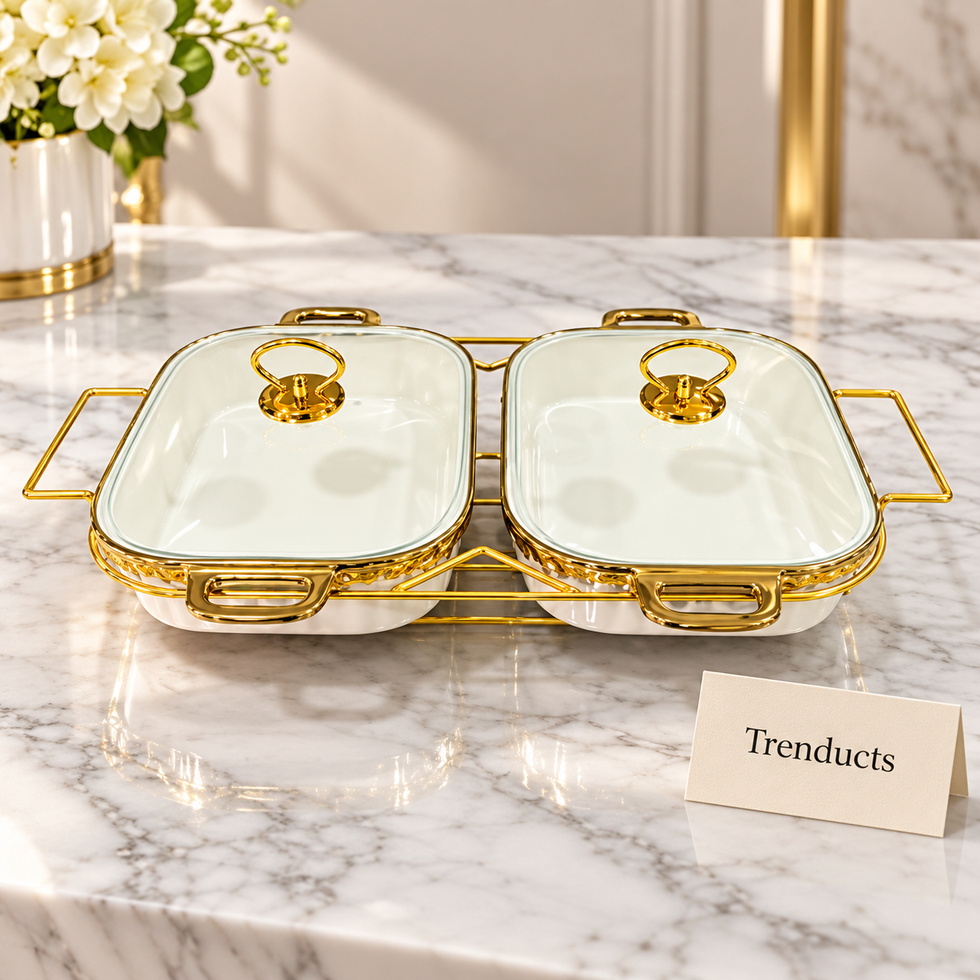 Brilliant Twin Rectangular Casserole Set with Gold Stand