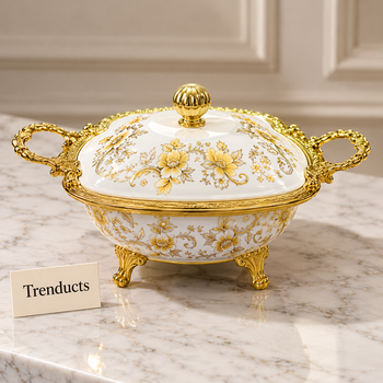 Candy Pot With Lid white gold floral with domed lid on marble | Trenducts