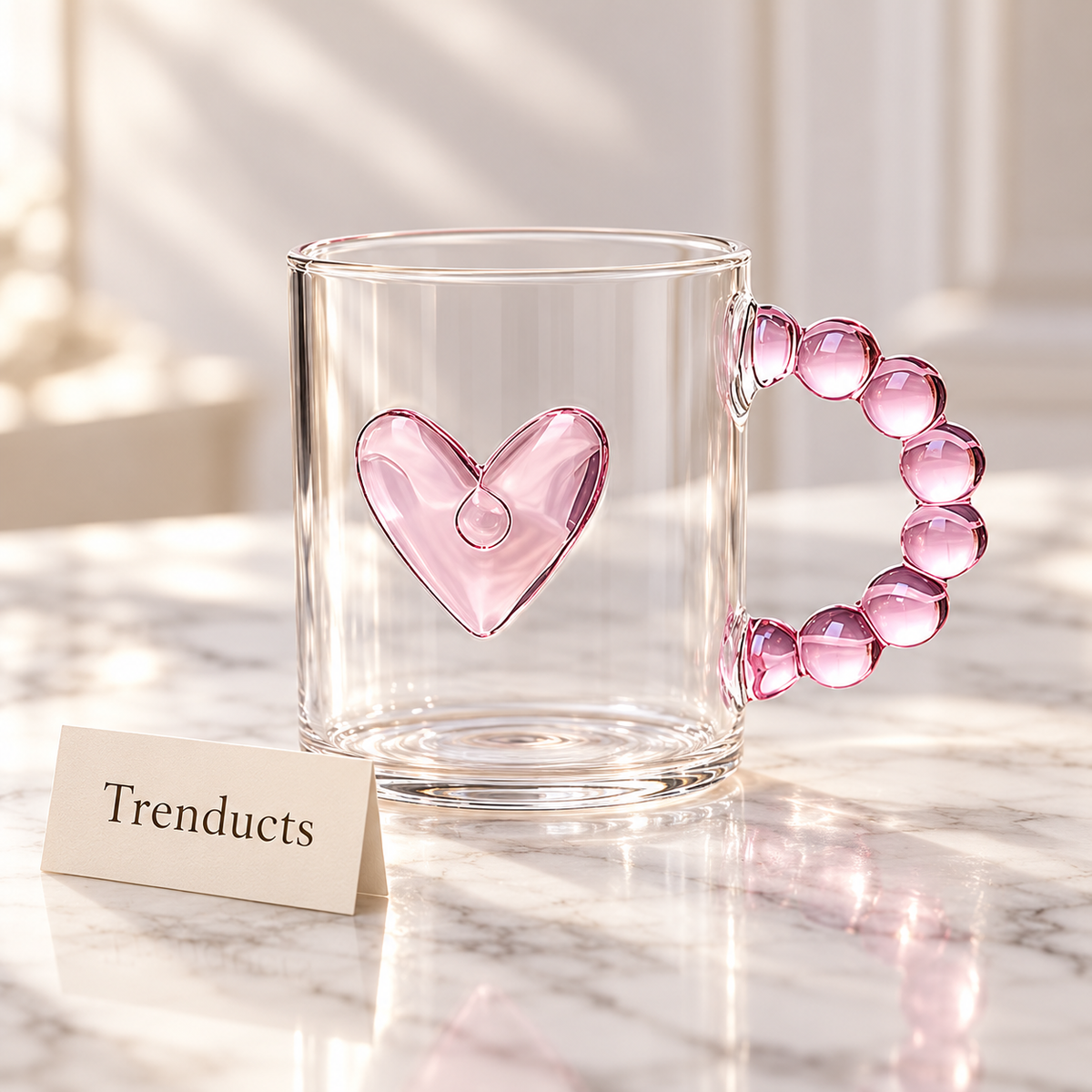 Heart Glass Mug with Pink Dot Bubble Handle - Aesthetic Cup