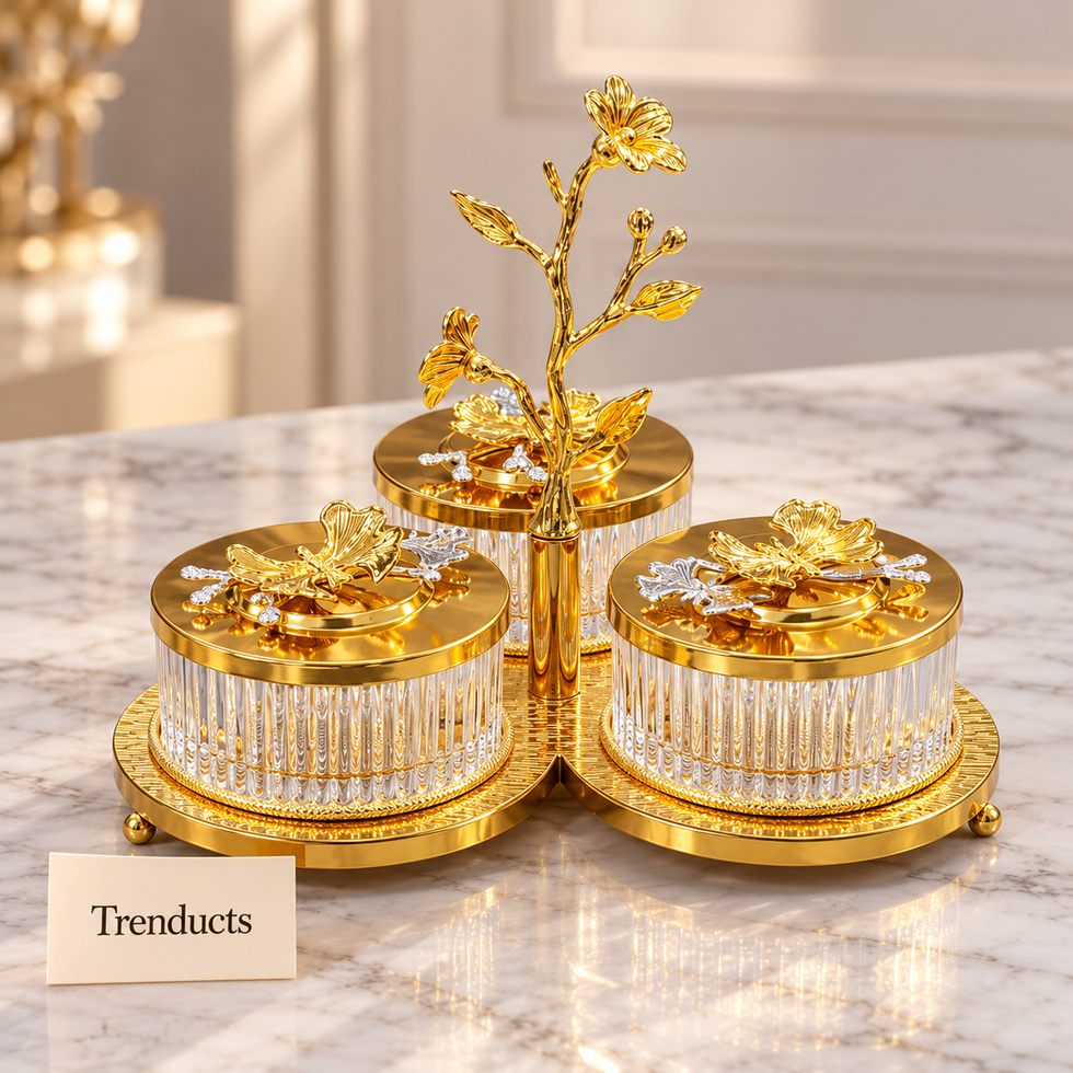 Gold Floral Vanity Canister Set - 3 Ribbed Jars on Stand