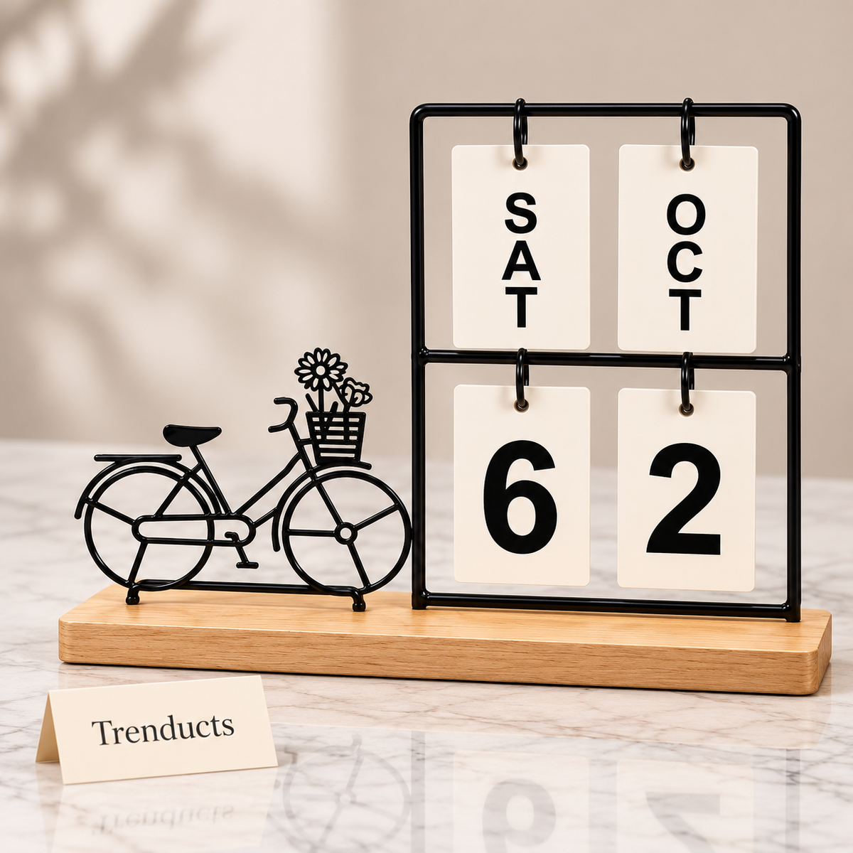 Bicycle Perpetual Calendar - Black Metal & Wooden Base