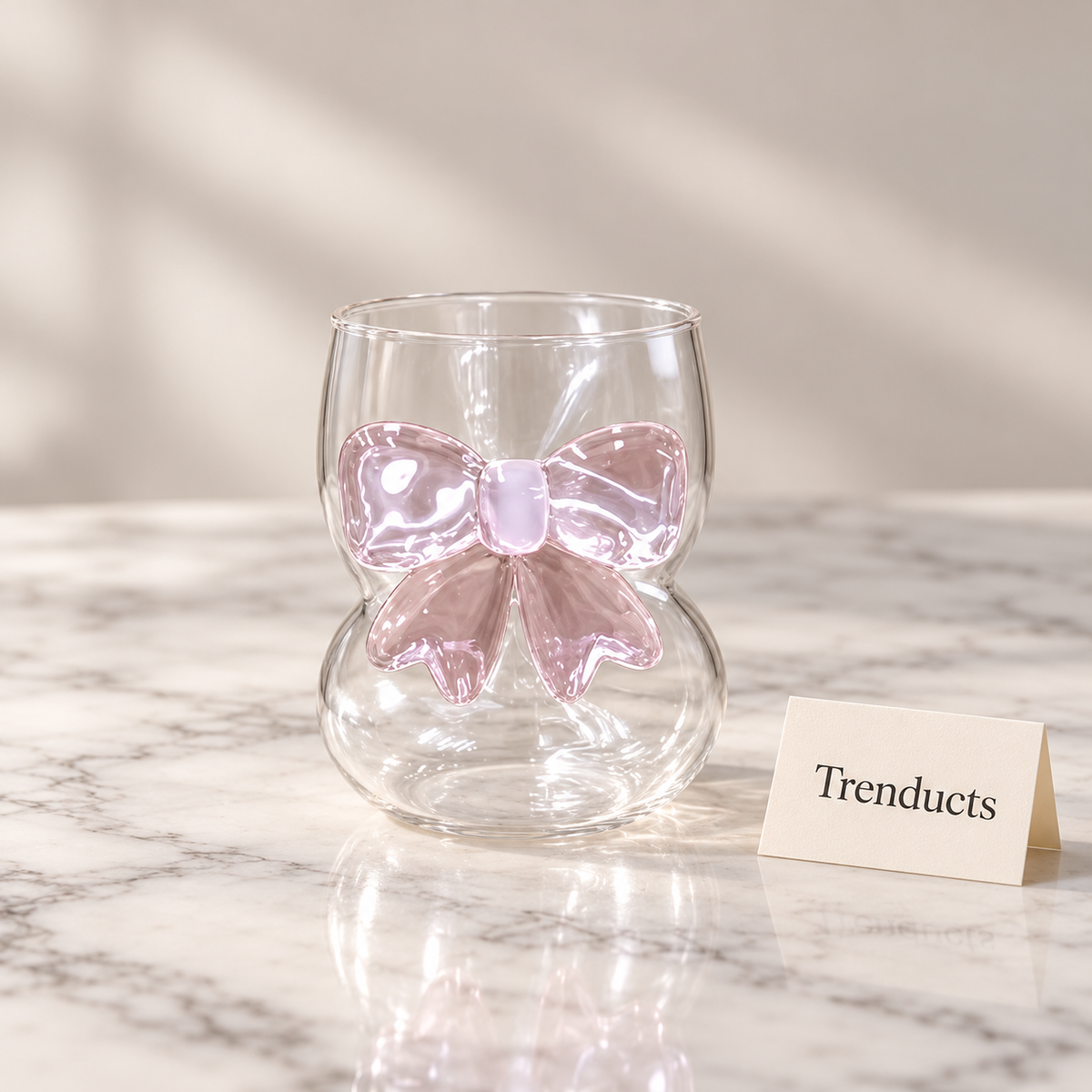 Bow Glass Drinking Cup - Clear with Pink Bow Design
