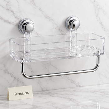 Towel rack with clear shelf on a white marble studio surface | Trenducts