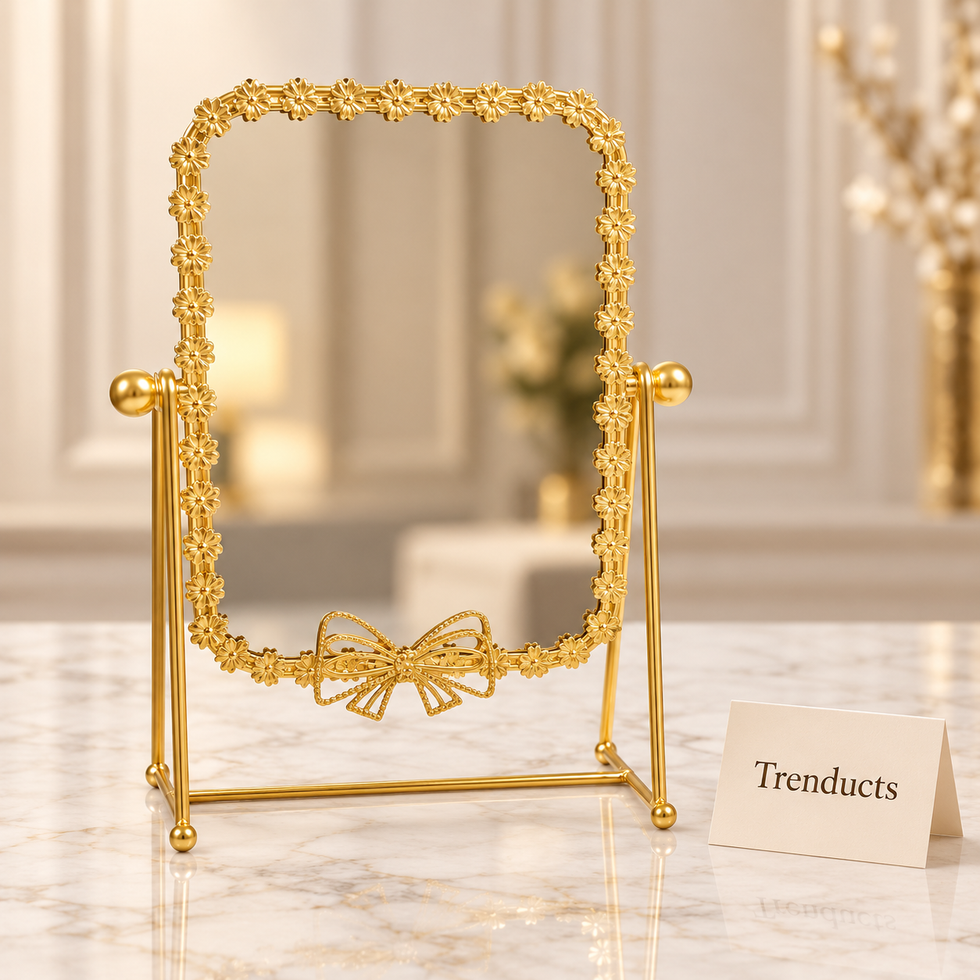 Elegant Gold Table Mirror - Rectangle Flower Frame & Bow