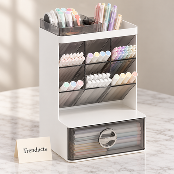 Plastic penholder with pens on white marble | Trenducts
