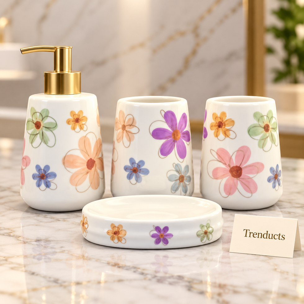 Brilliant 4-Piece Porcelain Bathroom Set - White Multi Flower