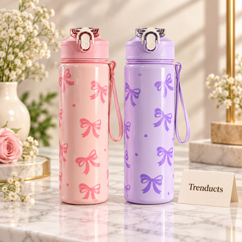 800ml Bow Print Water Bottle on a marble studio surface with Trenducts card - luxury view 1