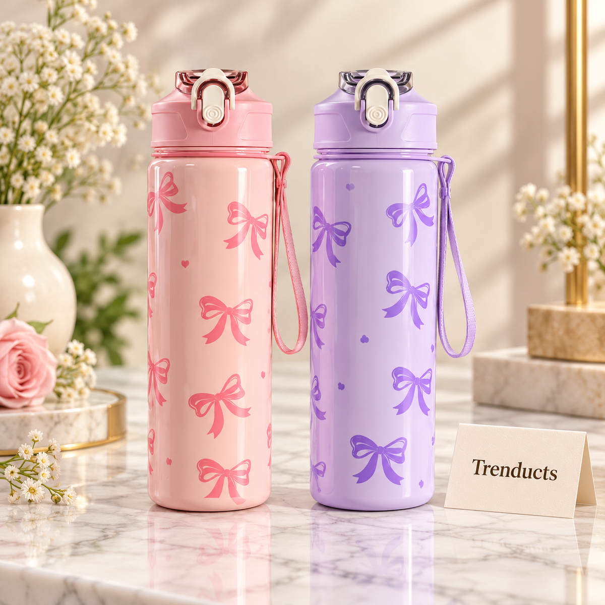 800ml Bow Print Water Bottle with Flip Lid and Carry Strap (Random)