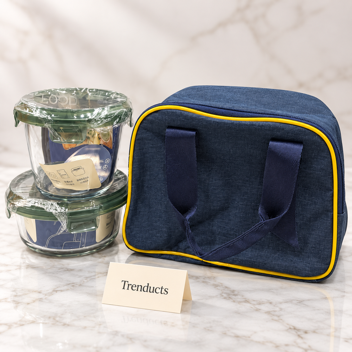 Glass Lunch Box Set with Navy Blue Bag - 2 Round Containers
