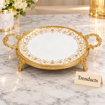 Gold Border Round Tray on a white marble counter | Trenducts