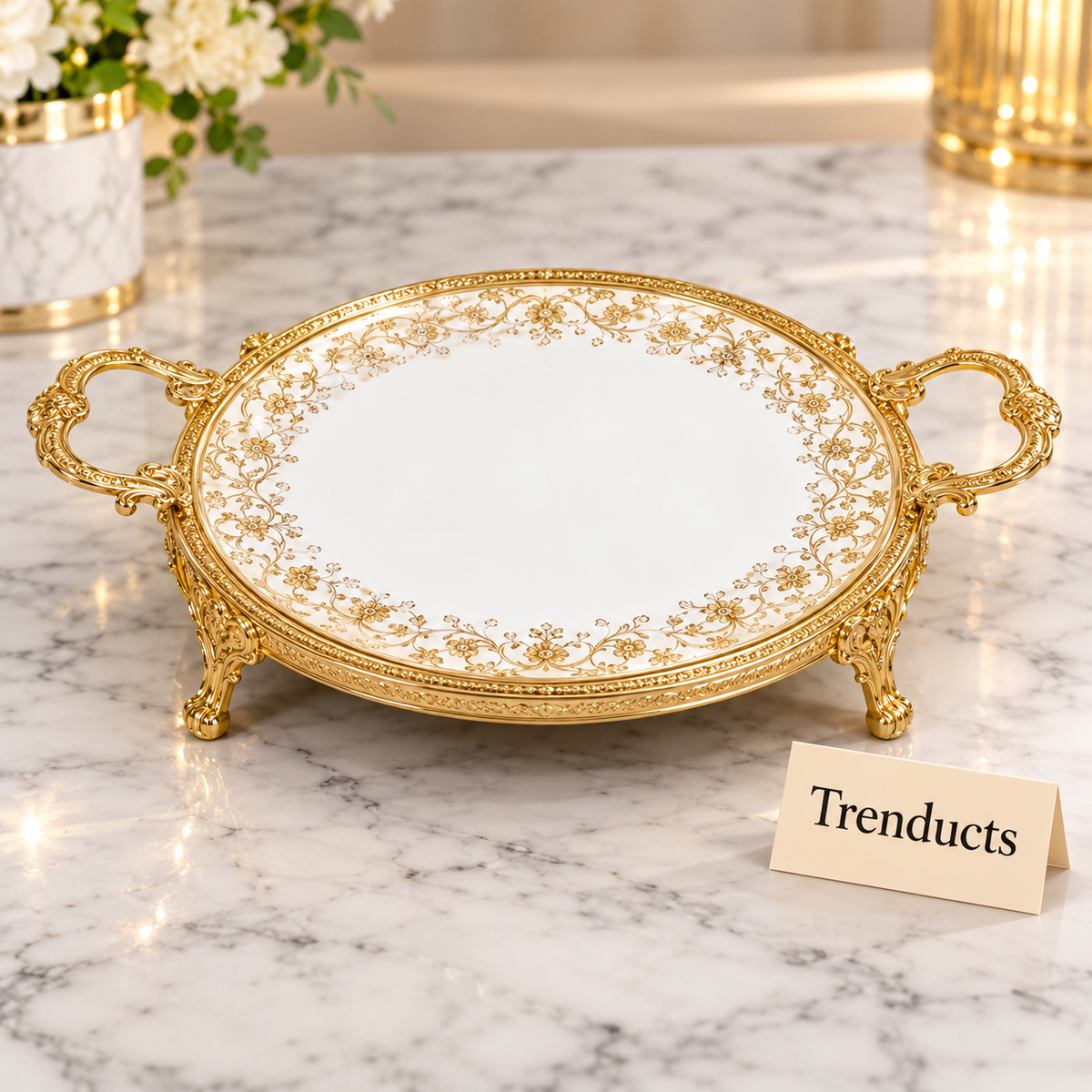 Brilliant Round Flat Tray - Royal Bloom Gold Border Design