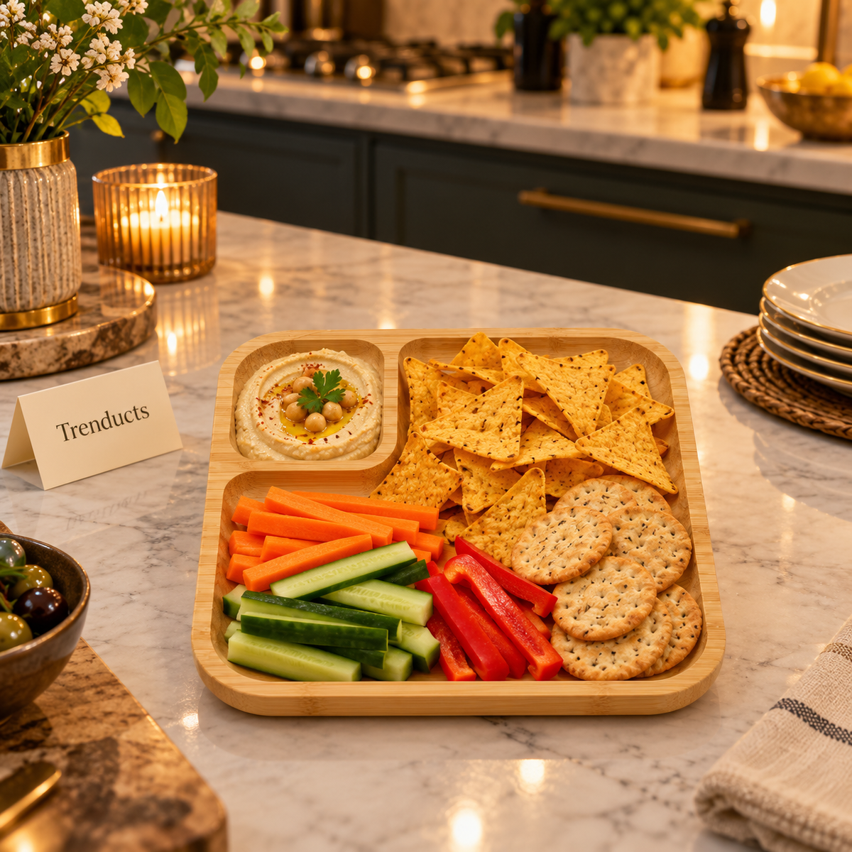 Bamboo Chip and Dip Platter - 2 Section Square Tray
