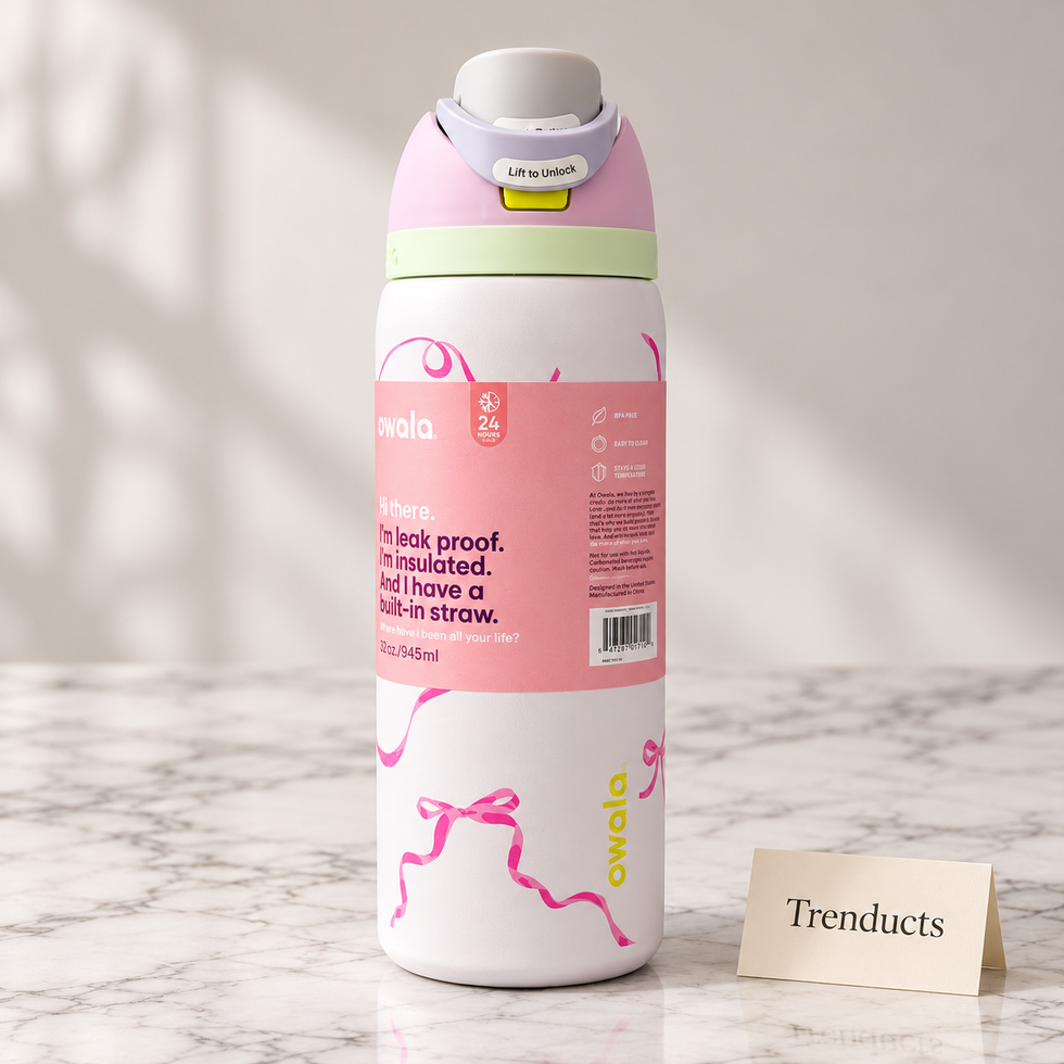 Owala Water Bottle 32 oz - White Pink Ribbon Bow Print