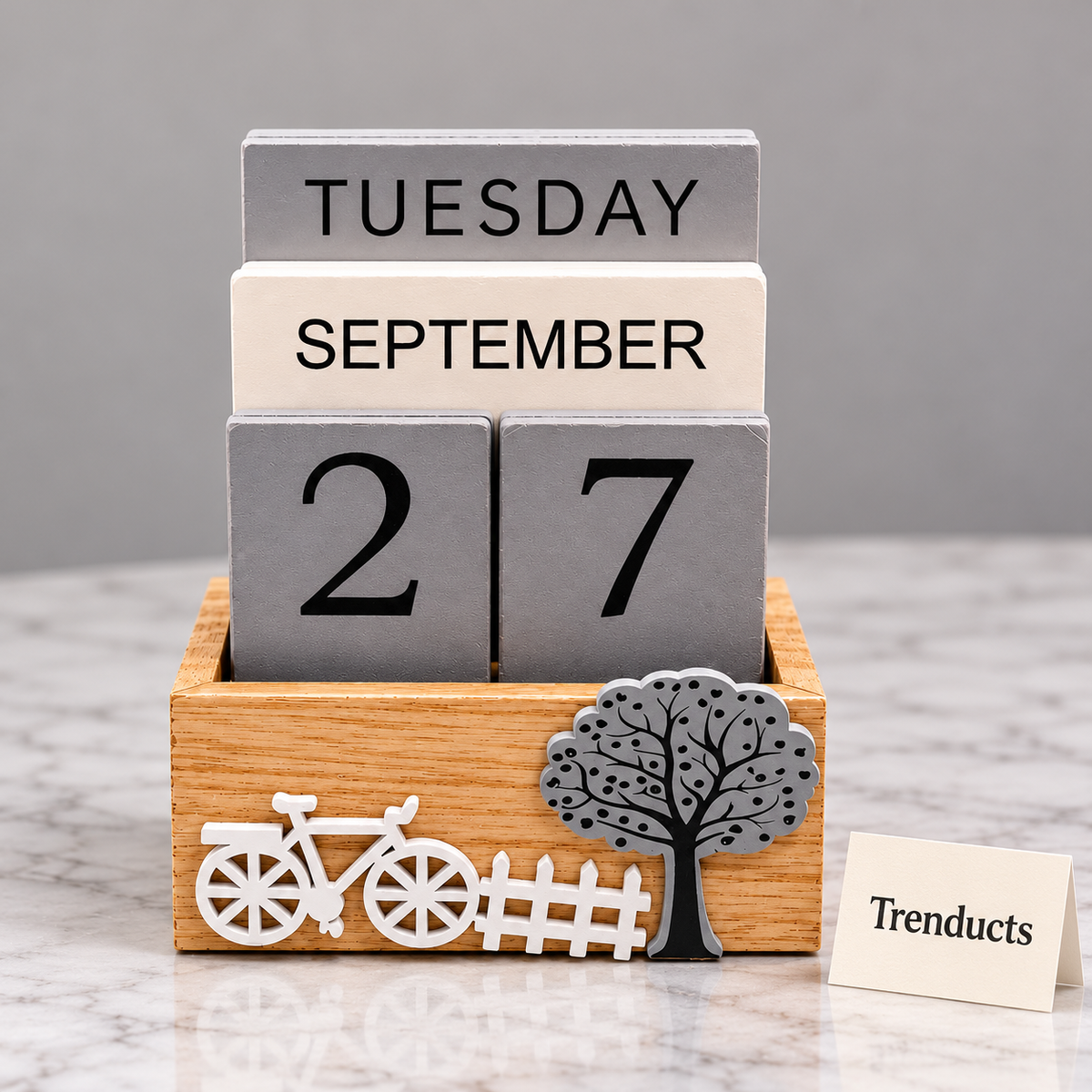 Wooden Desk Calendar - Grey Blocks with Bicycle & Tree