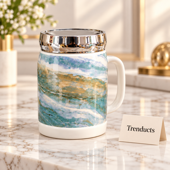 Ceramic Mug with silver lid in three printed designs on a white marble studio surface | Trenducts