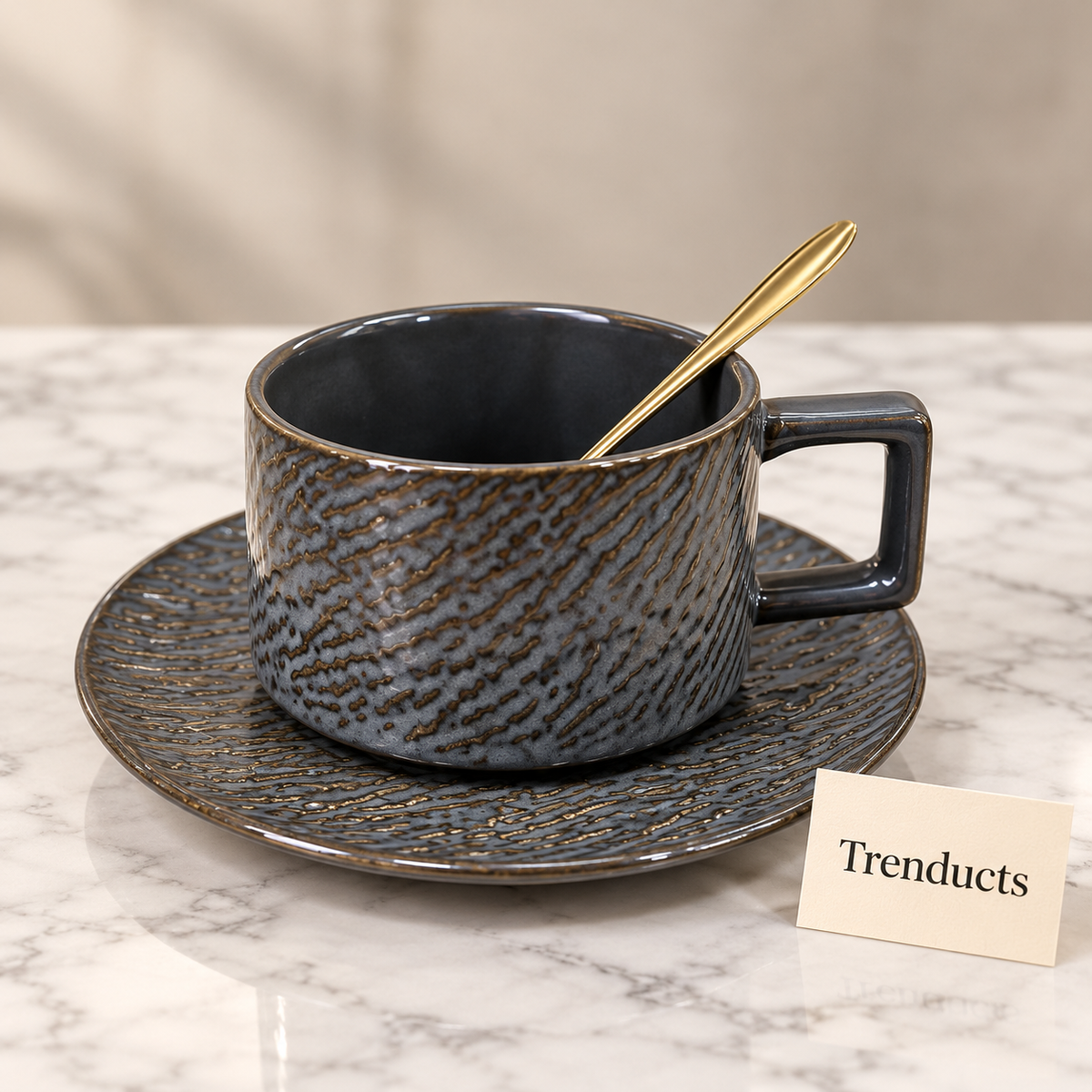 Cup and Saucer Set - Square Handle, Textured Ceramic