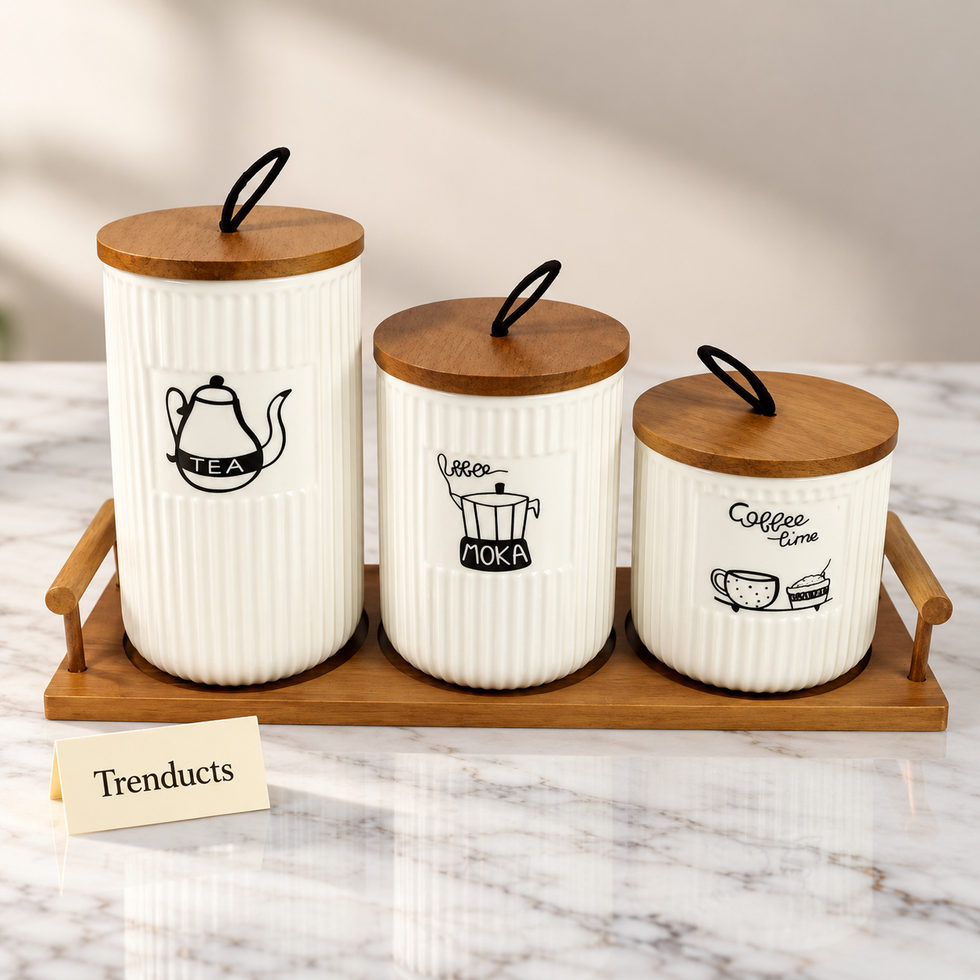 Ceramic Tea Coffee Sugar Canisters Set - Teapot Design with Tray