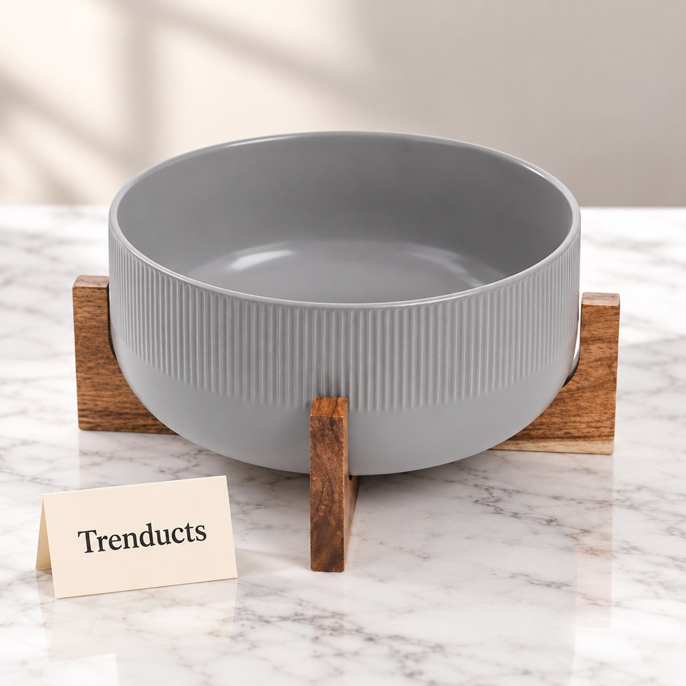 Danny Home Porcelain Salad Bowl 2.7L - Grey with Wood Stand
