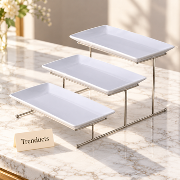 3 Tier Serving Tray with gold stand on a white marble surface | Trenducts