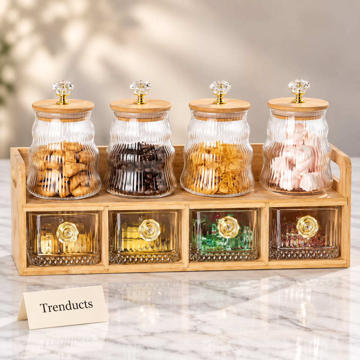 Glass Jars with Wooden Rack - 4 Jar & Drawer Set