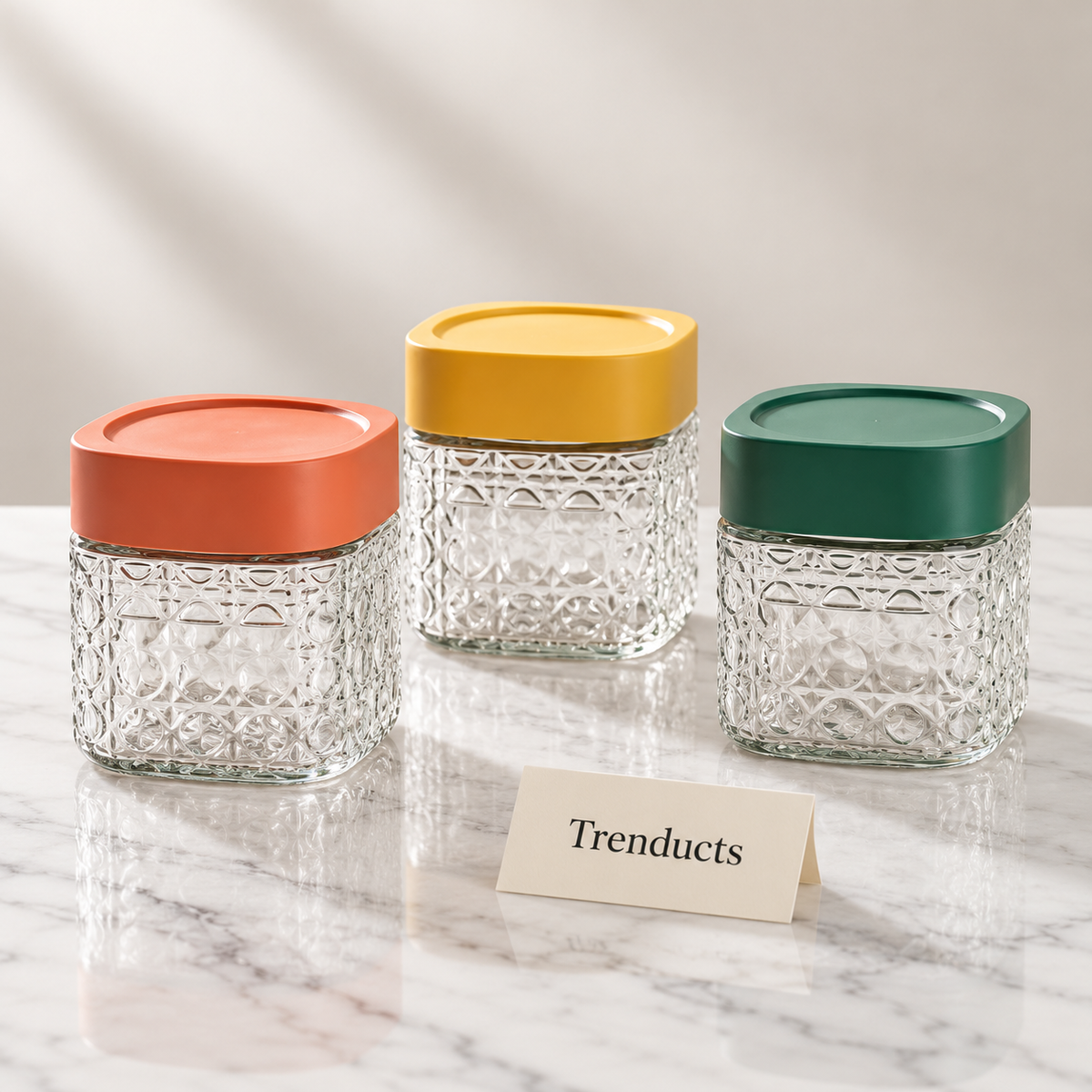 Glass Jar Set - 3 Storage Jars with Colourful Lids