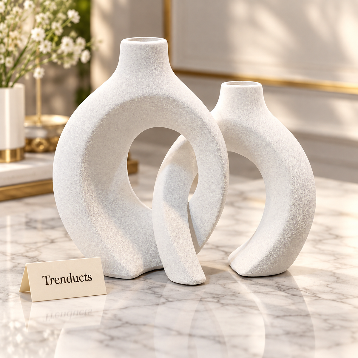 White Loop Vase Pair - Modern Ring & Crescent Design