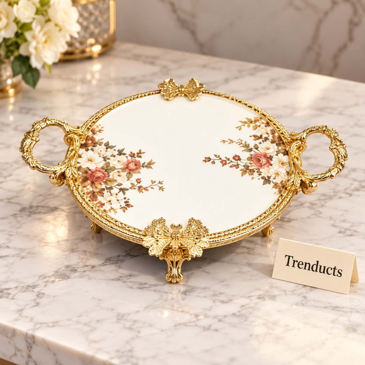 Brilliant Round Flat Tray - Royal Bloom Floral Gold Frame
