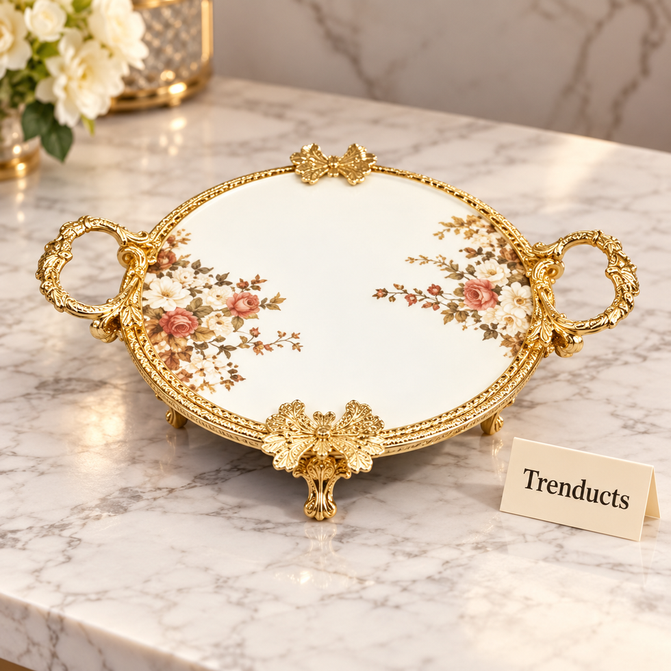 Brilliant Round Flat Tray - Royal Bloom Floral Gold Frame
