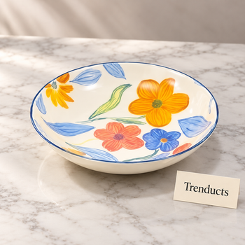 Soup Plate in cottagecore floral design on white marble in a studio | Trenducts