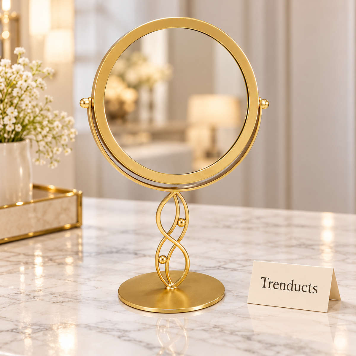 Elegant Gold Table Mirror - Round Swivel Infinity Stand