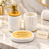 Brilliant Round Bathroom Set 3 Piece - White Ribbed with Bamboo