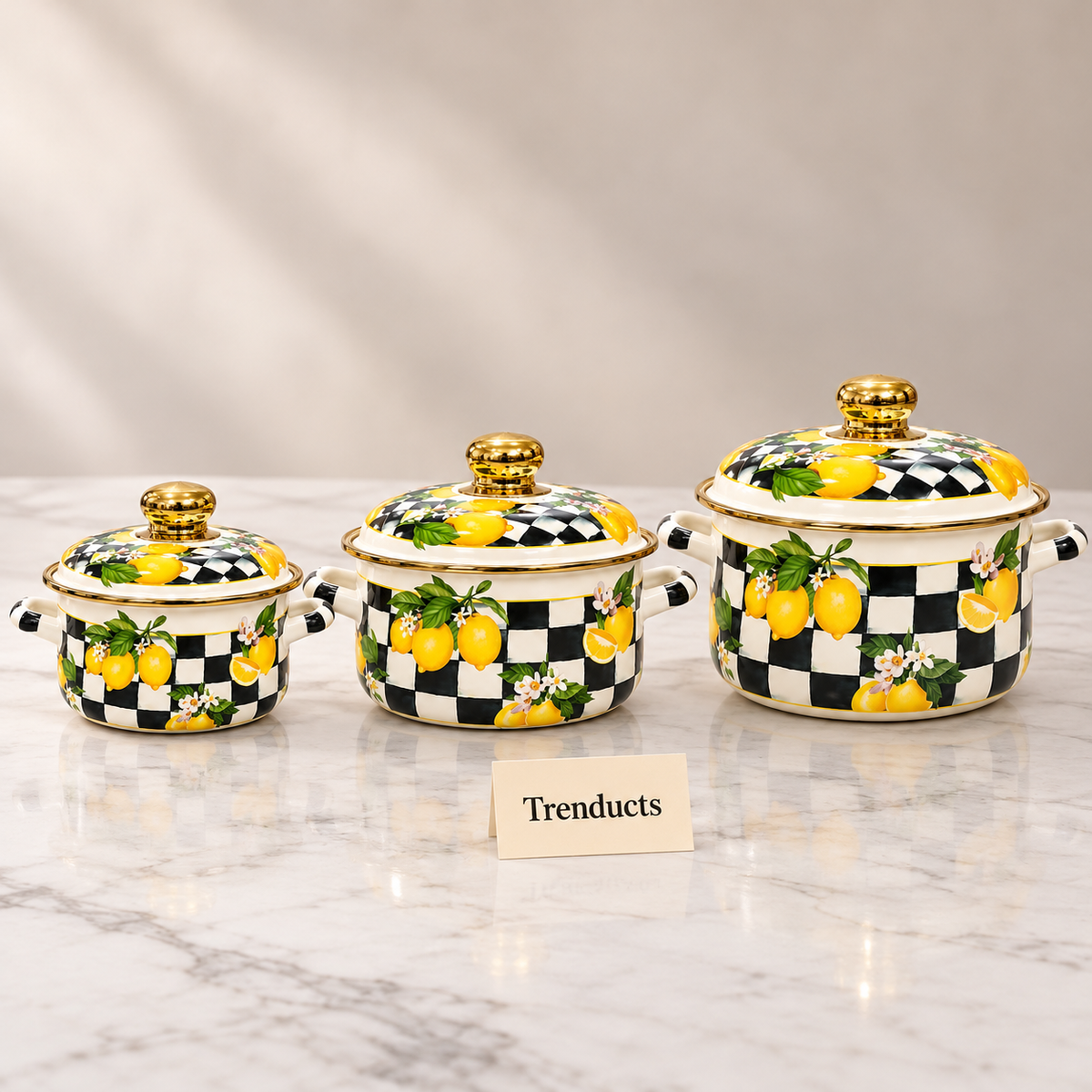 Enamel Casserole Set 3 Pcs - Lemon & Black Check