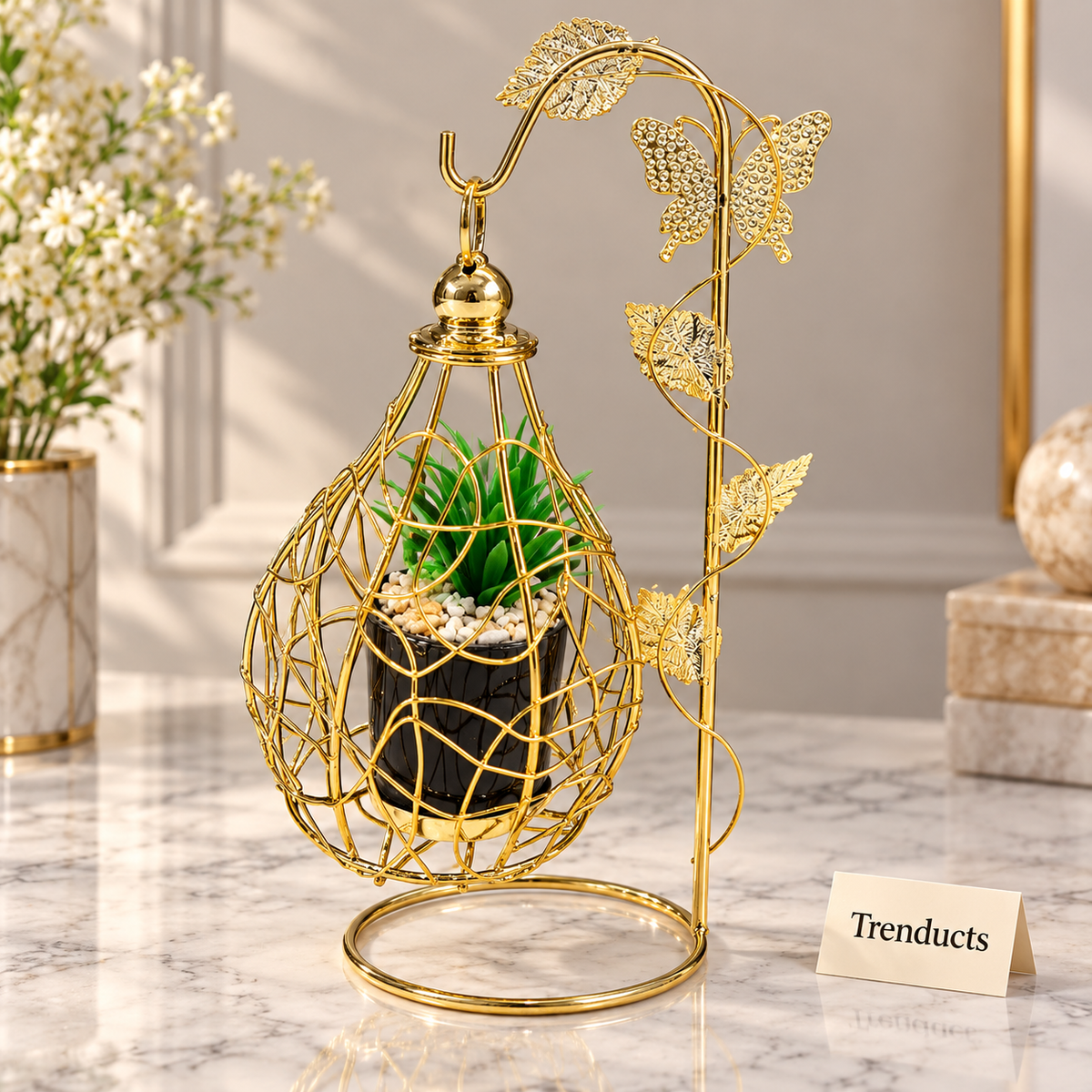Luxury Decorative Pot Stand - Gold Butterfly Cage