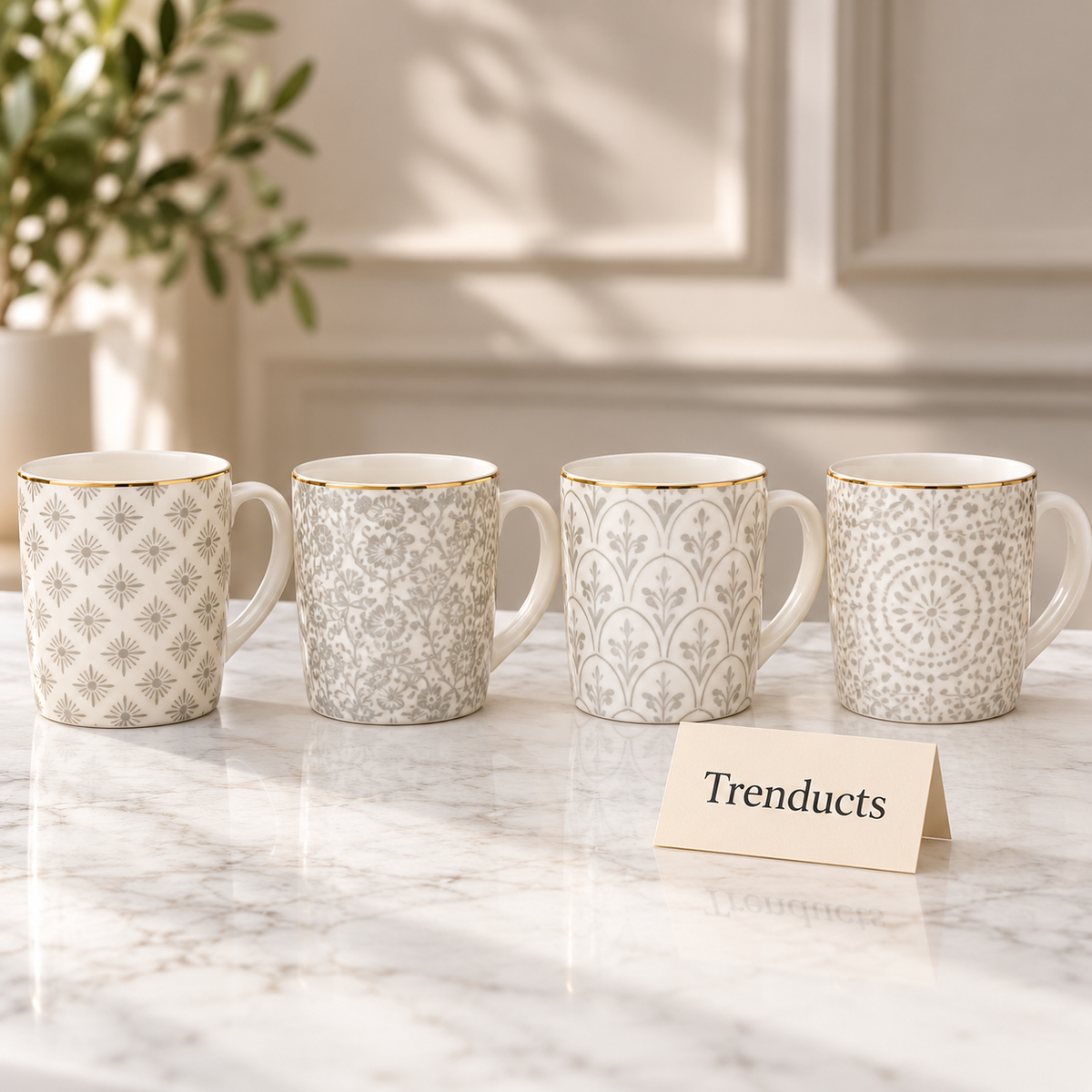 Gold Rim Filigree Mug 370 ml - Grey Pattern (Random)