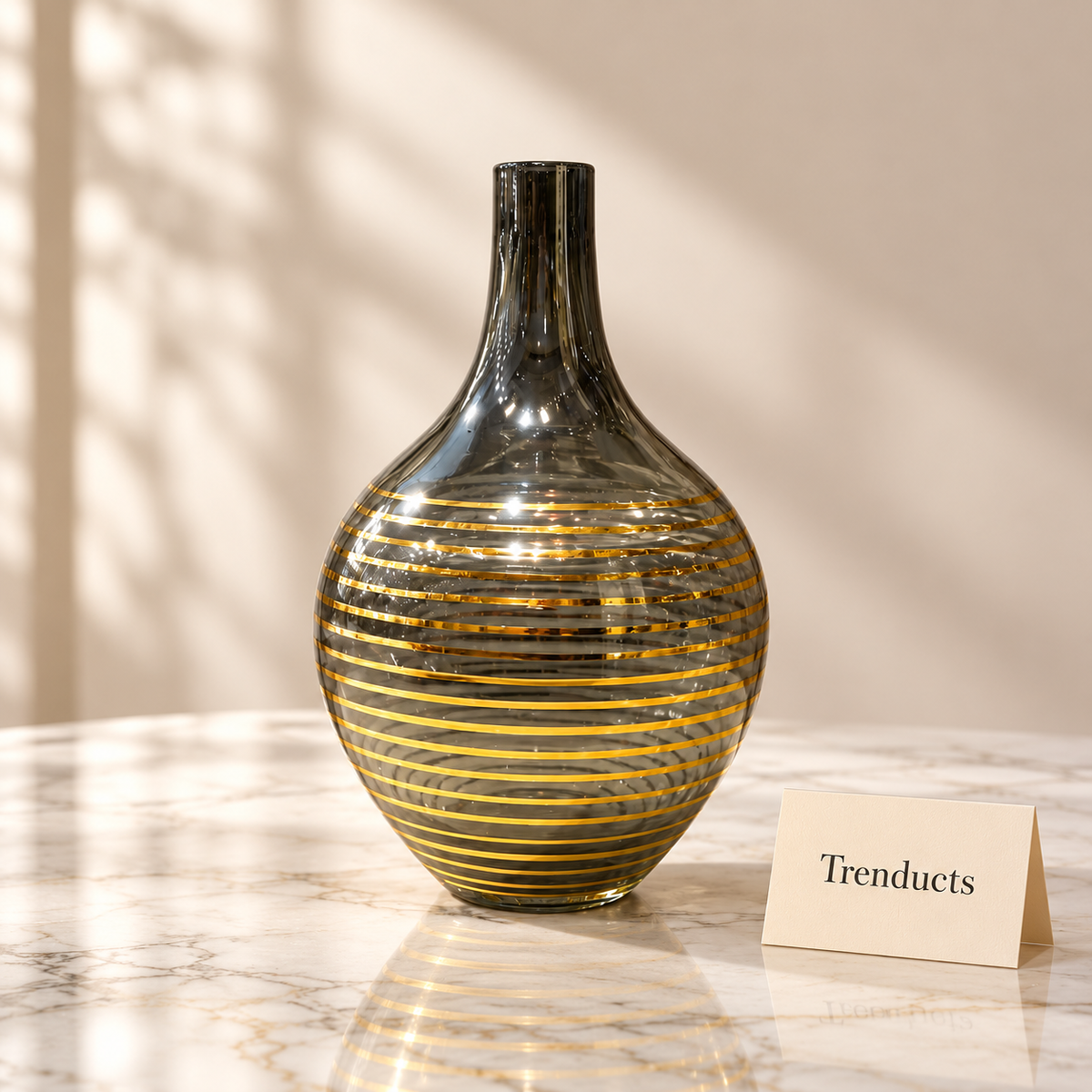 Smoky Grey Glass Vase - Bottle Shape with Gold Swirl Lines