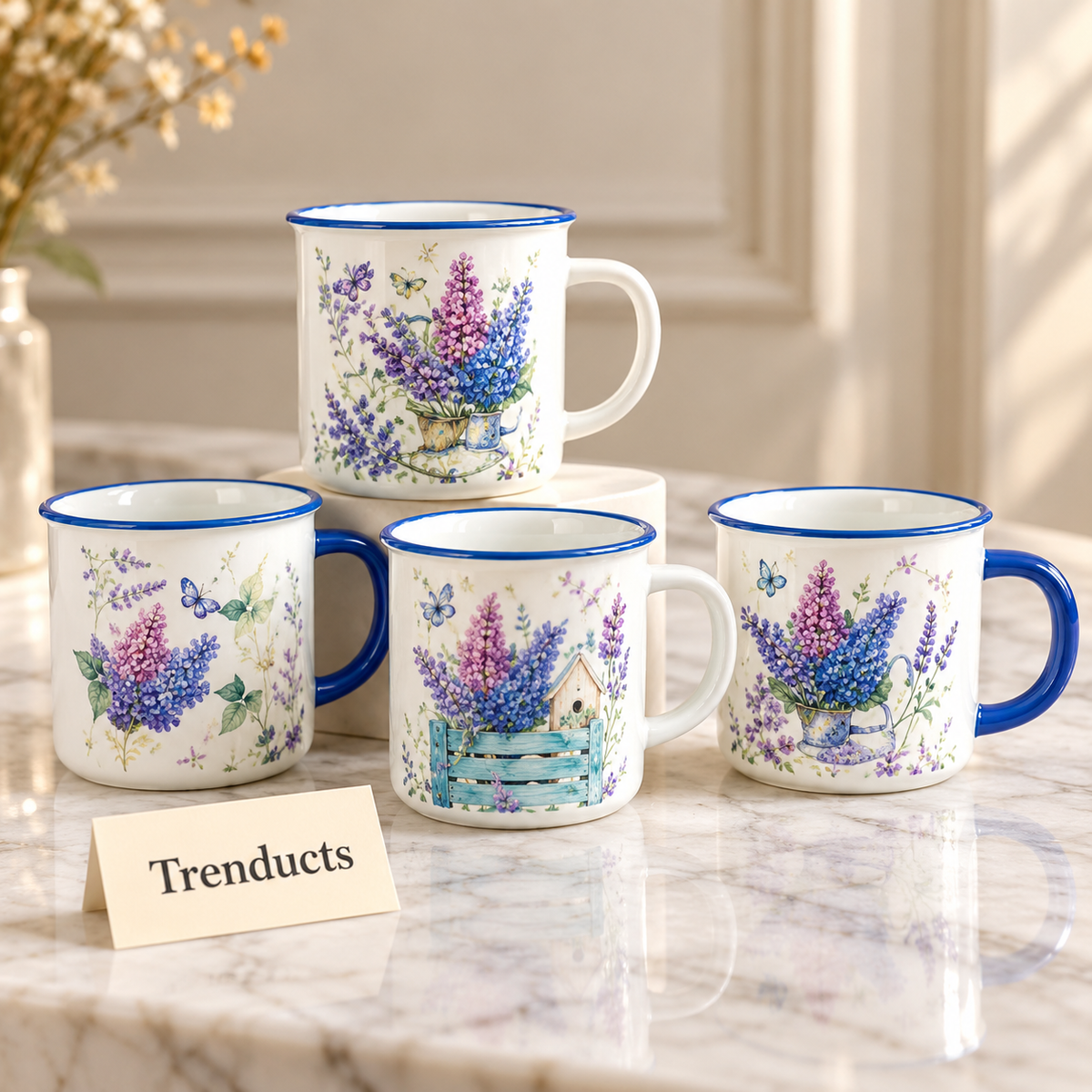 Lilac Flower Mug 360 ml - Purple Floral Blue Rim (Random)