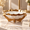 Gold Brushed Scalloped Ceramic Bowl with Wooden Stand