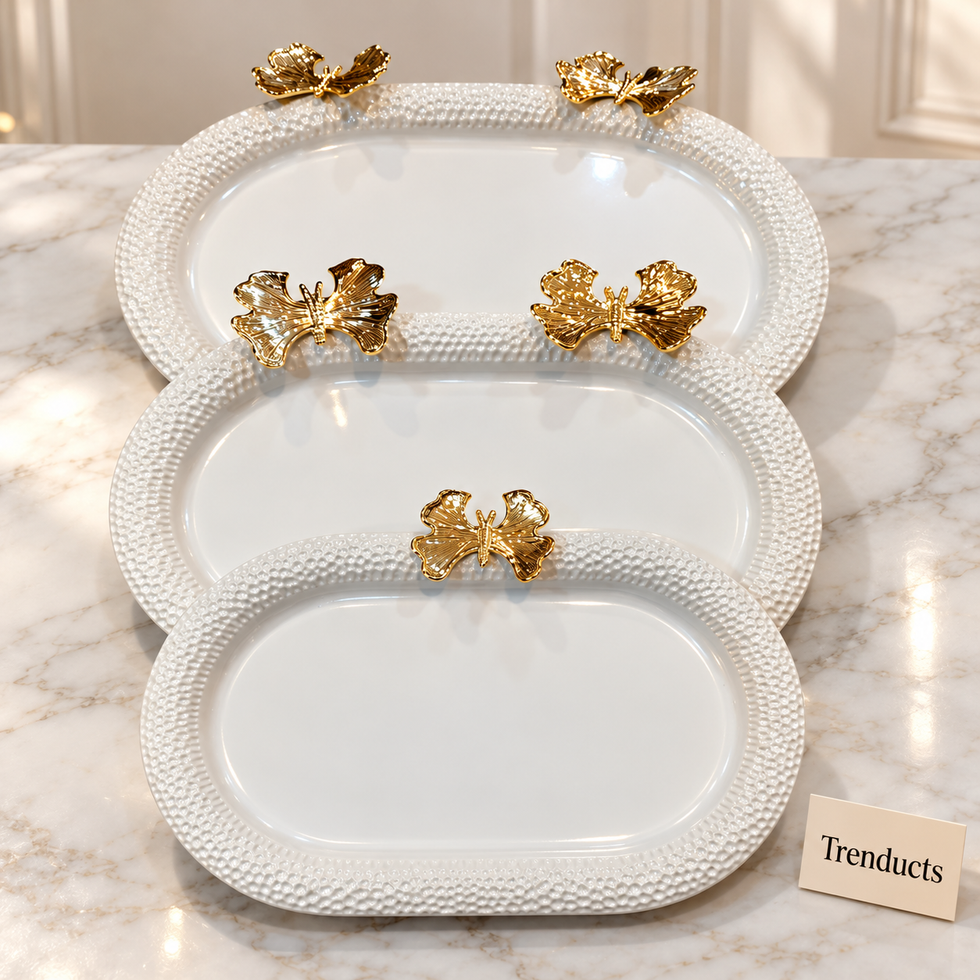 Luxury White Decorative Tray Set - Gold Butterfly Handles
