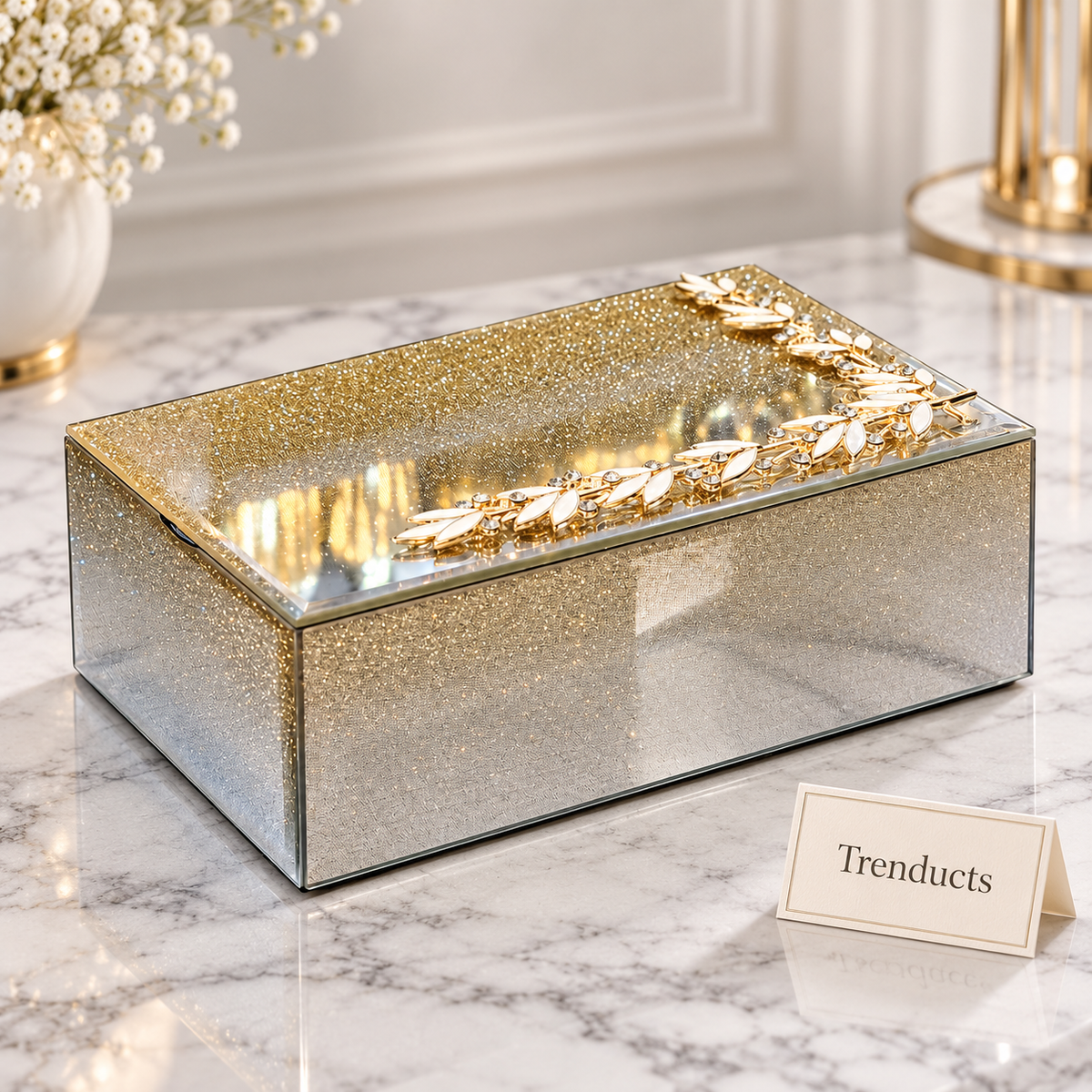 Mirrored Storage Box - Silver Finish with Gold Leaf Lid