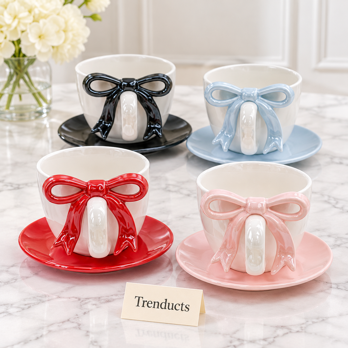 3D Bow Handle Ceramic Mug with Optional Saucer
