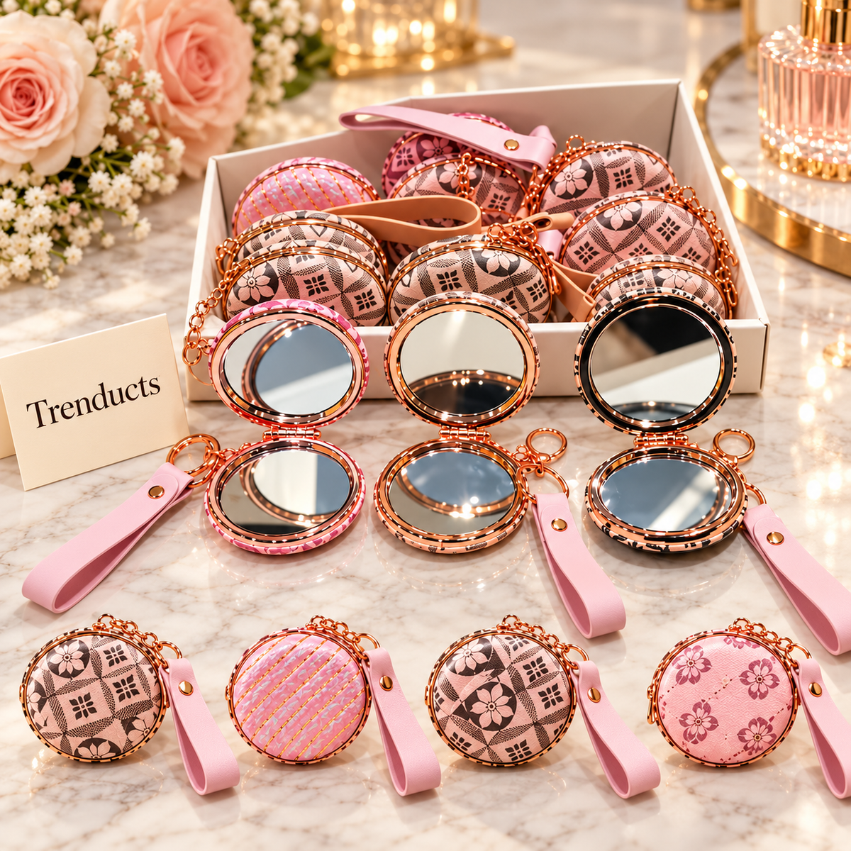 Rose Gold Floral Cosmetic Pocket Mirror - Round with Wrist Strap (each)