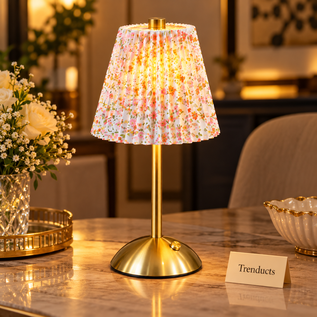 Rechargeable Metal Table Lamp with Pleated Fabric Shade