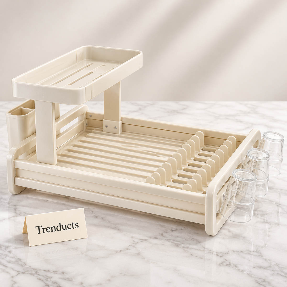 Premium Dish Drying Rack - Two Tier Cream with Cup Shelf