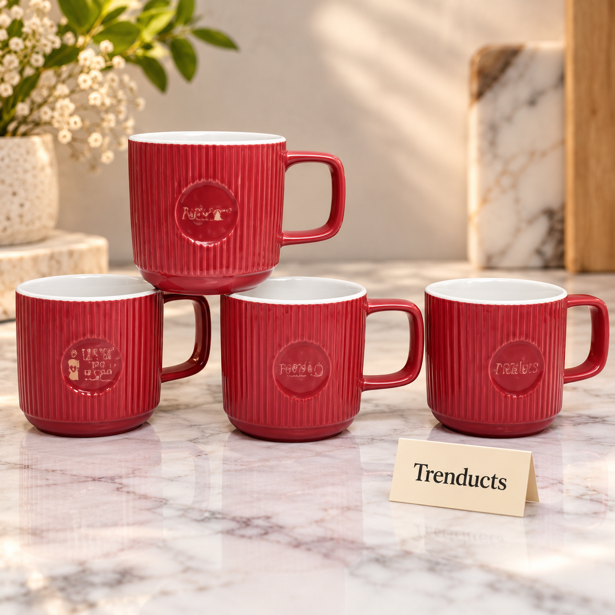 Red Ribbed Ceramic Mug 340 ml - Glossy Finish (Random)