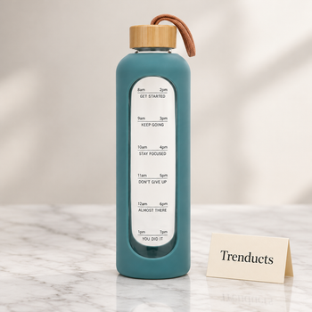 Glass Water Bottle 1L with silicone sleeve studio shot - Trenducts